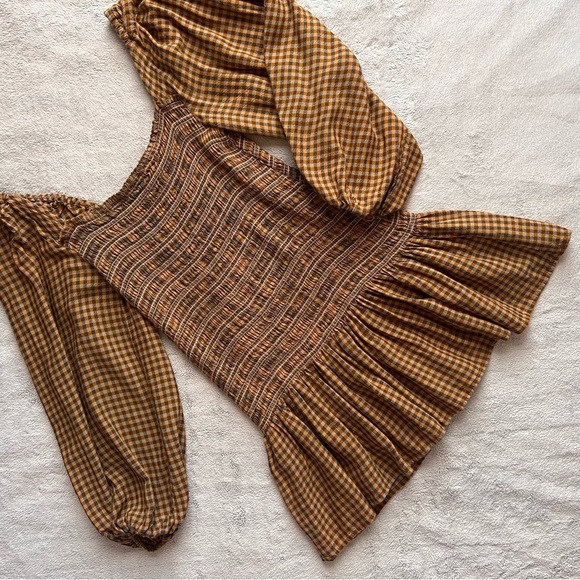 Urban Outfitters Dresses & Skirts - Urban Outfitters Francis Smocked Long Sleeve Mini Dress Brown Grid Plaid Print